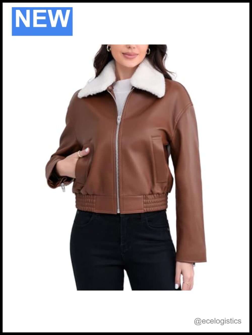 Cropped Lambskin Leather Bomber Jacket with Detachable Faux Fur Collar Woman